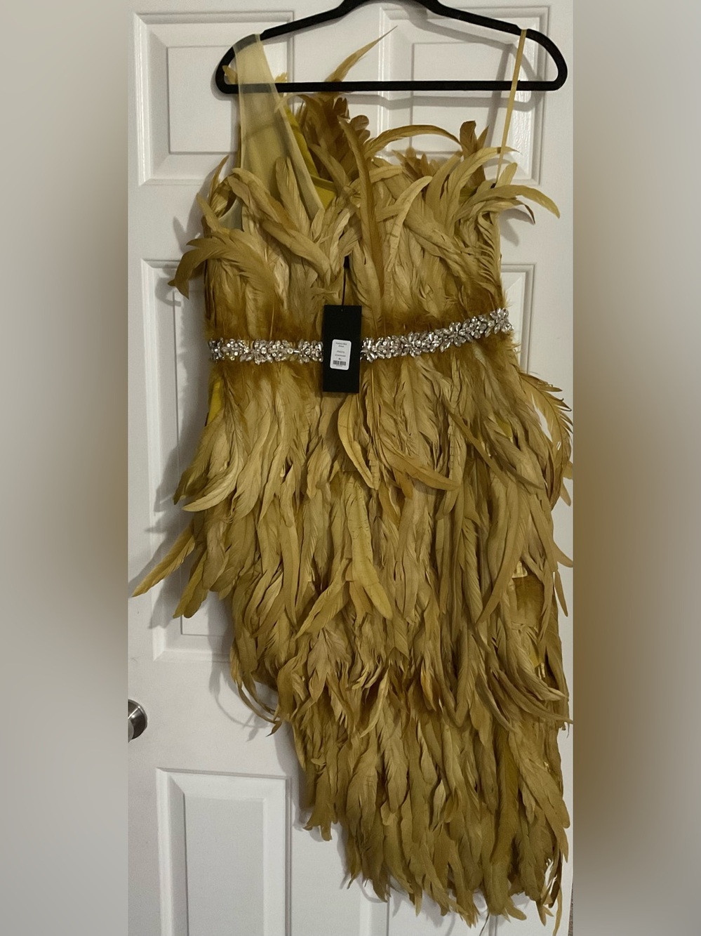 Fashion Nova Chartreuse Feather One-Shoulder Dress with Crystal Waist - Picture 5 of 6